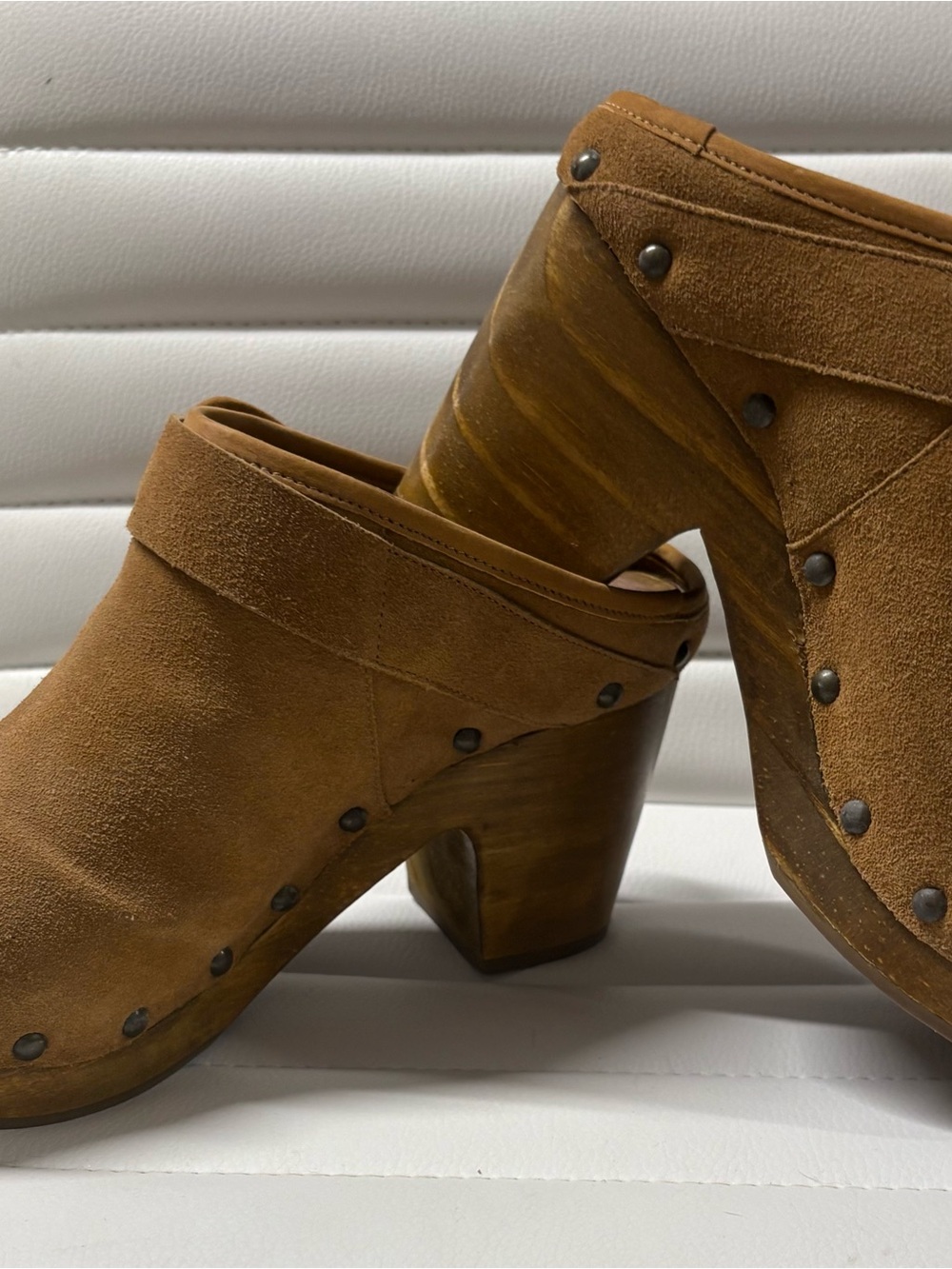 Women's Suede Tan Clog Heels - Slip-On Comfort